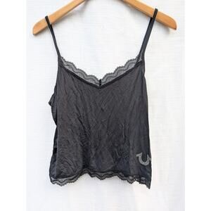 True Religion Women's Black Lace Trim Tank Top Sz M Y2K Biker Whimsigoth Rock